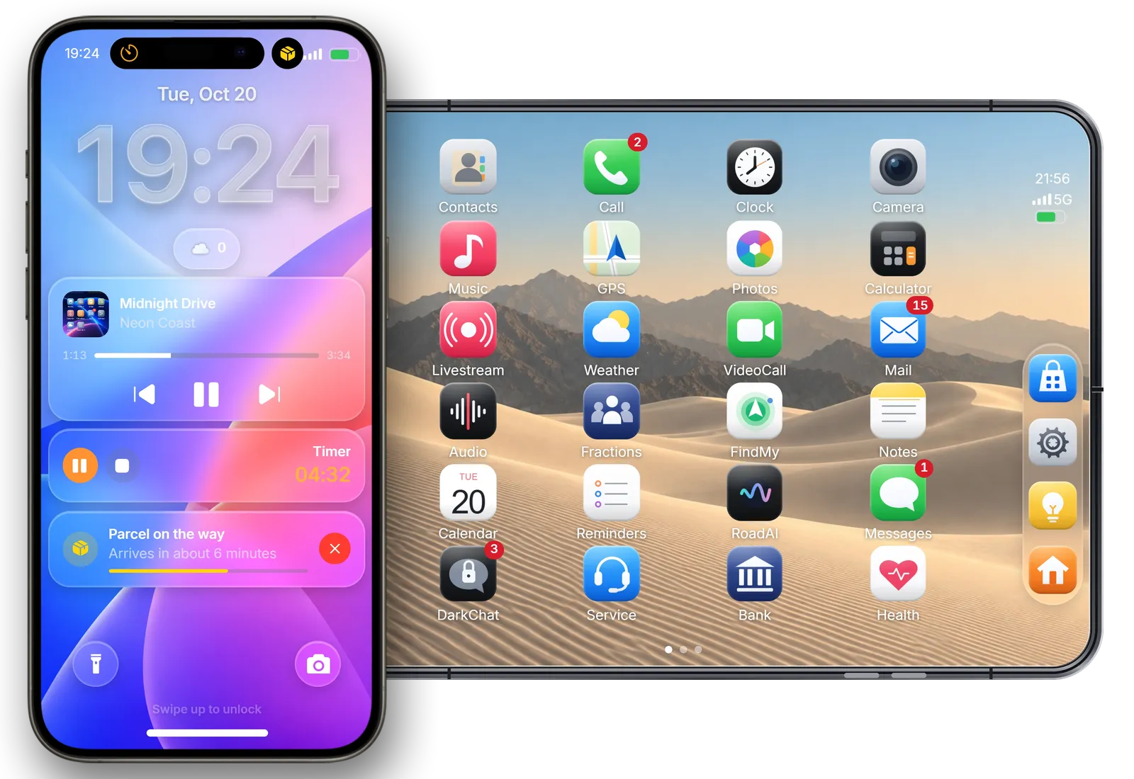 RoadPhone Pro on the Lock Screen in front of the open RoadPhone Fold