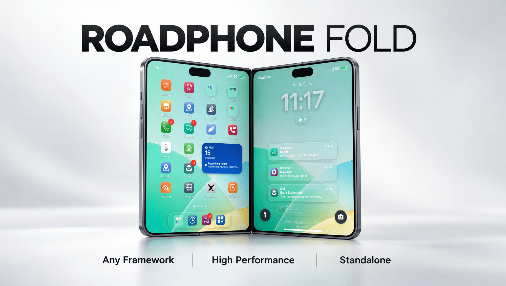 RoadPhone Fold opened, with the home screen and the lock screen side by side