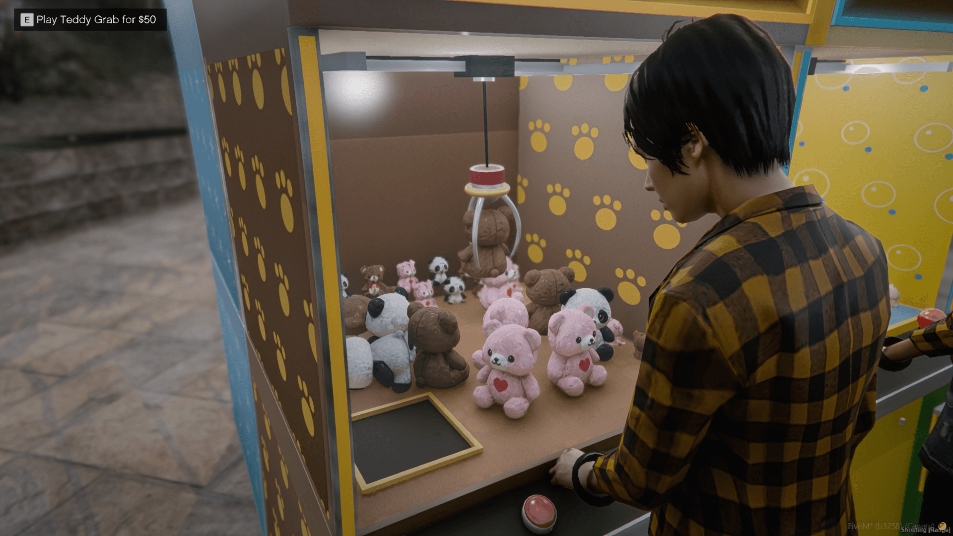 A player steering the claw over plush bears