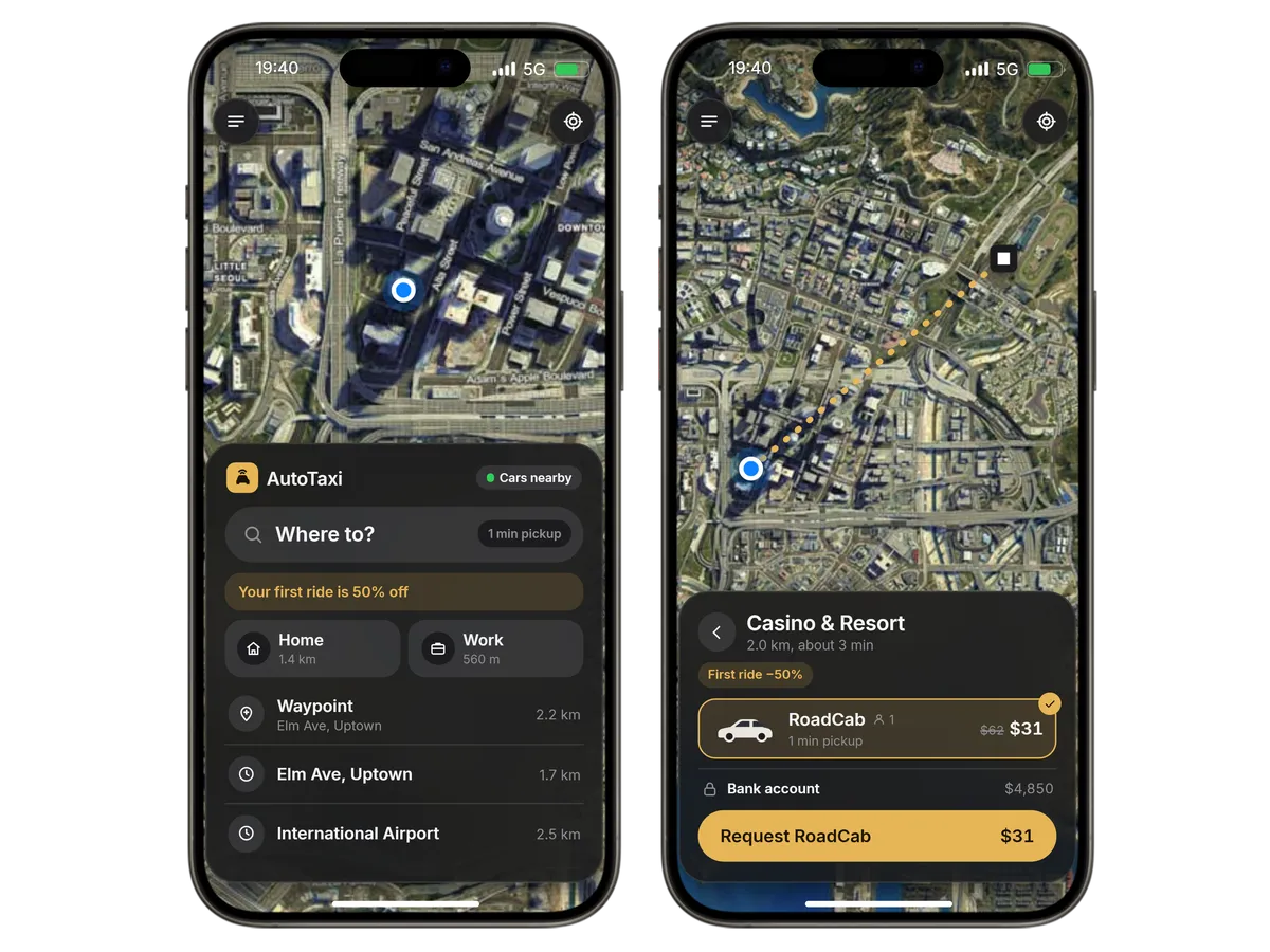 AutoTaxi on two RoadPhones: the map with saved places, and a RoadCab to a resort for $31 with the first ride at half price