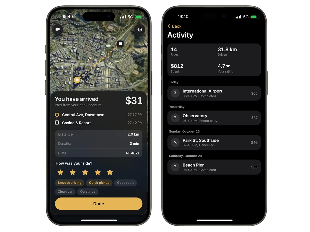 A receipt for $31 rated five stars with feedback, next to the activity list with 14 rides