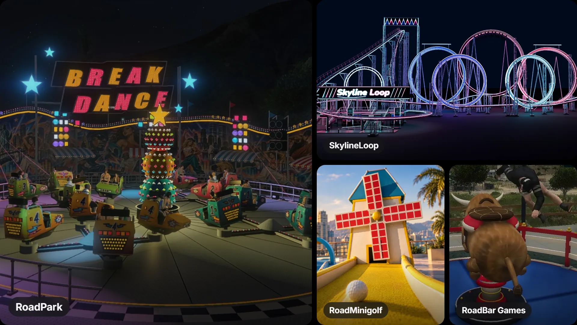RoadPark, SkylineLoop, RoadMinigolf and RoadBar Games side by side