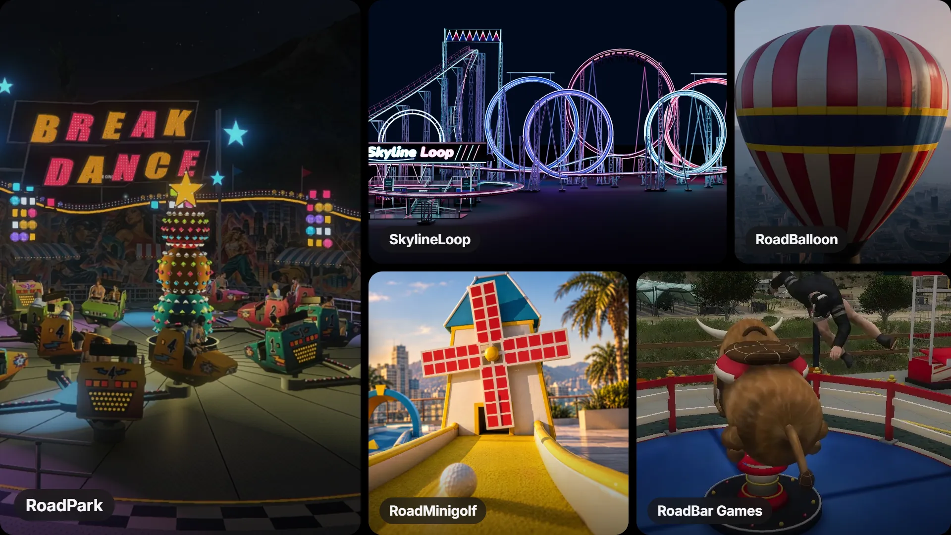 RoadPark, SkylineLoop, RoadBalloon, RoadMinigolf and RoadBar Games side by side