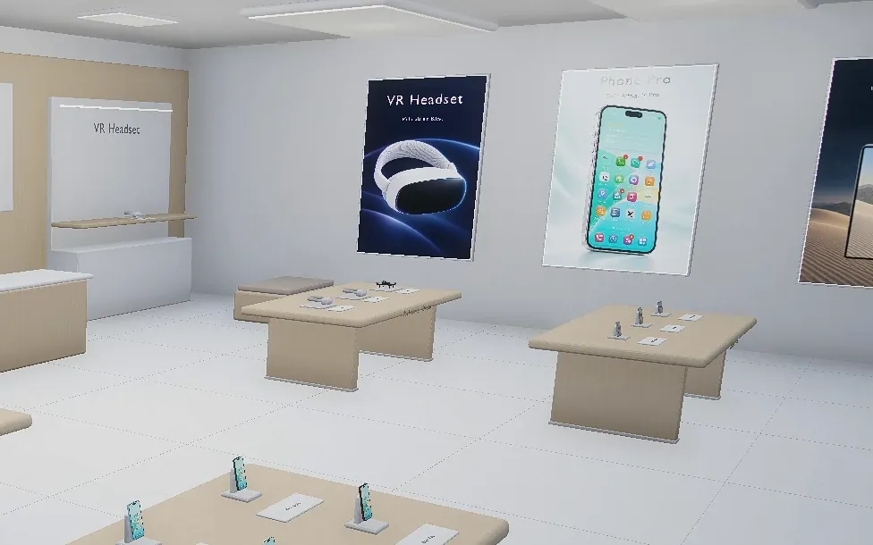 The Phone Store showroom with display tables and posters for a VR headset and a phone