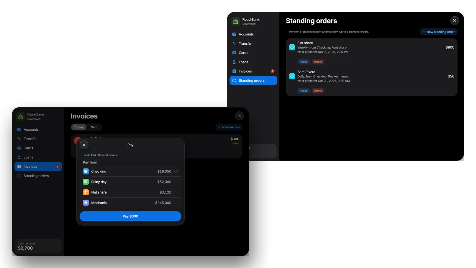An invoice for concert tickets paid from the checking account, next to standing orders for rent and pocket money