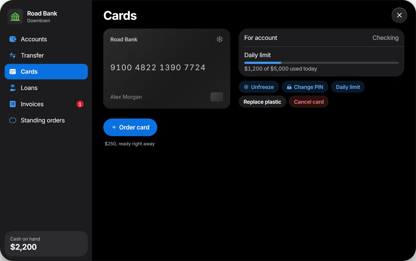 A frozen debit card with its daily limit and the buttons to unfreeze it, change the PIN, set the limit, replace or cancel it