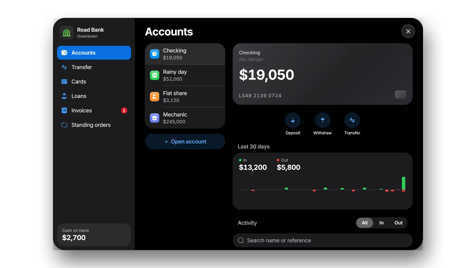 The RoadBanking accounts screen with checking, savings, shared and business accounts, the balance and the last 30 days