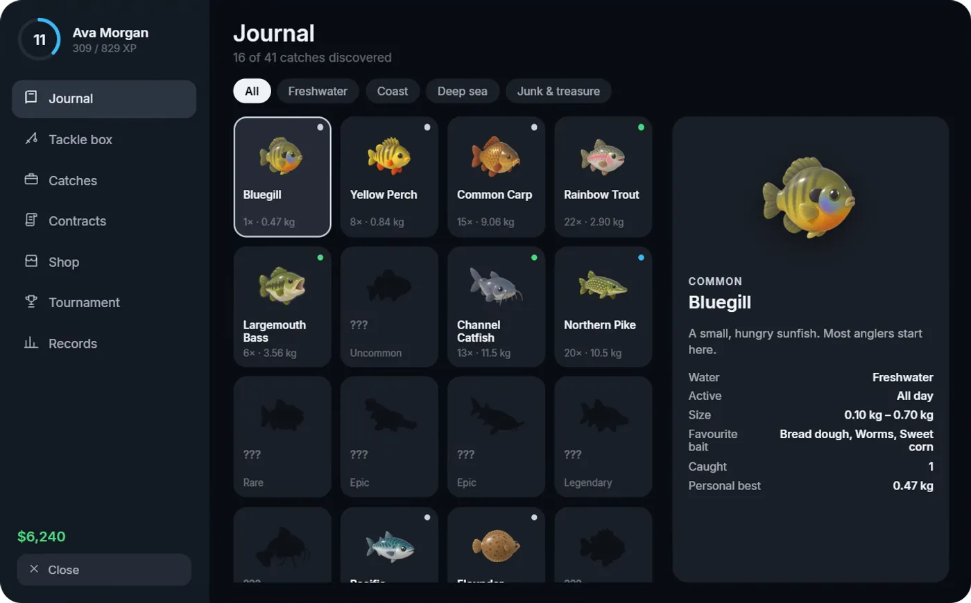 The fishing book open on the journal: 16 of 41 catches discovered, with the Bluegill selected