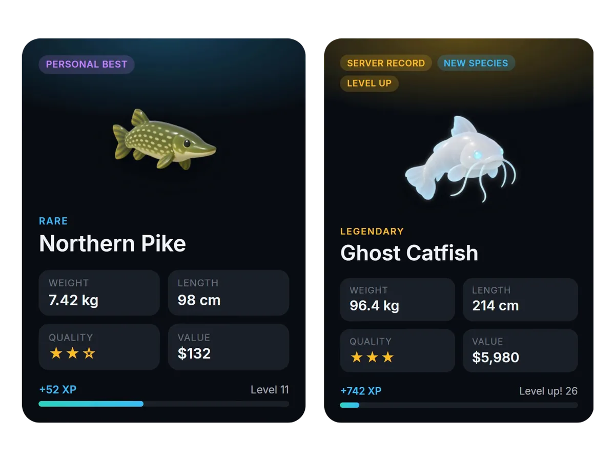 Catch cards for a rare Northern Pike and a legendary Ghost Catfish with weight, length, quality, value and XP
