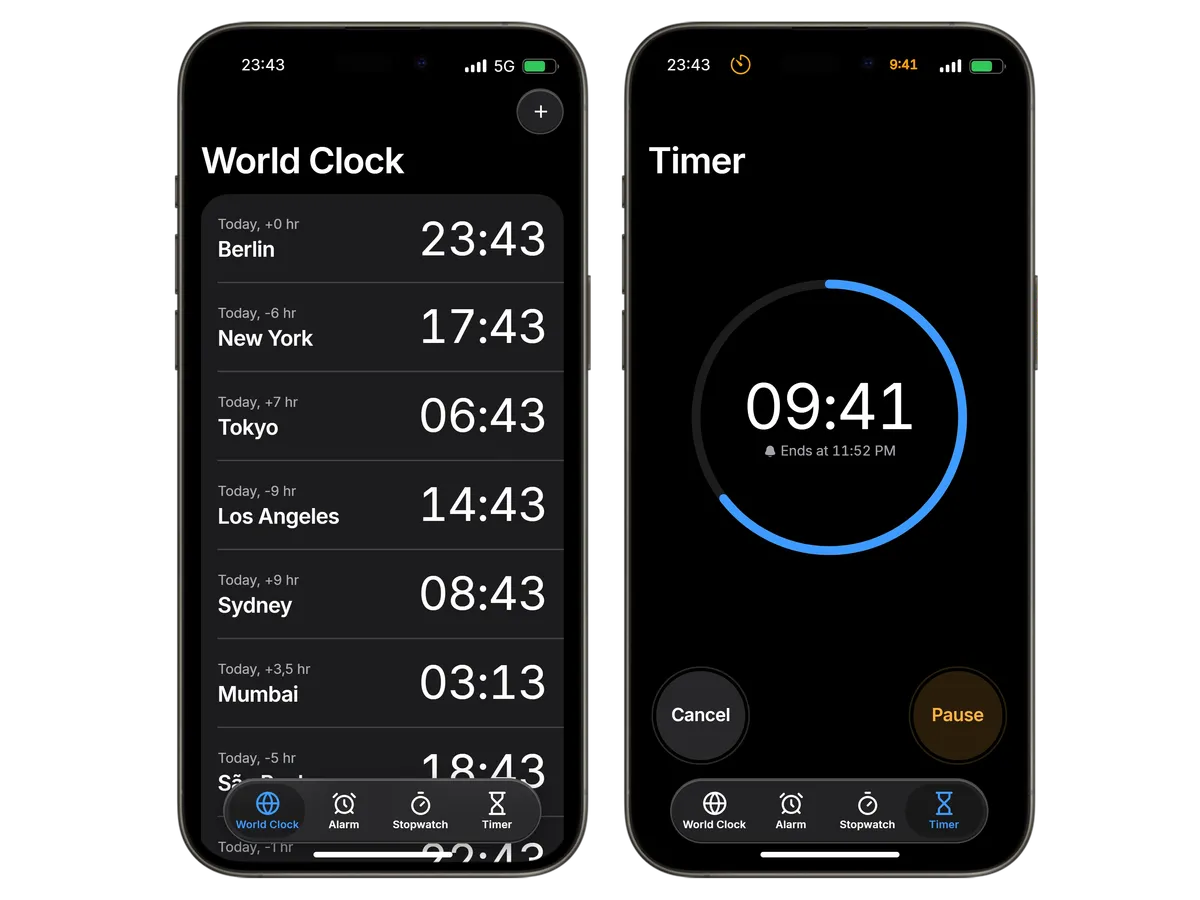 The world clock and a running timer in the Clock app