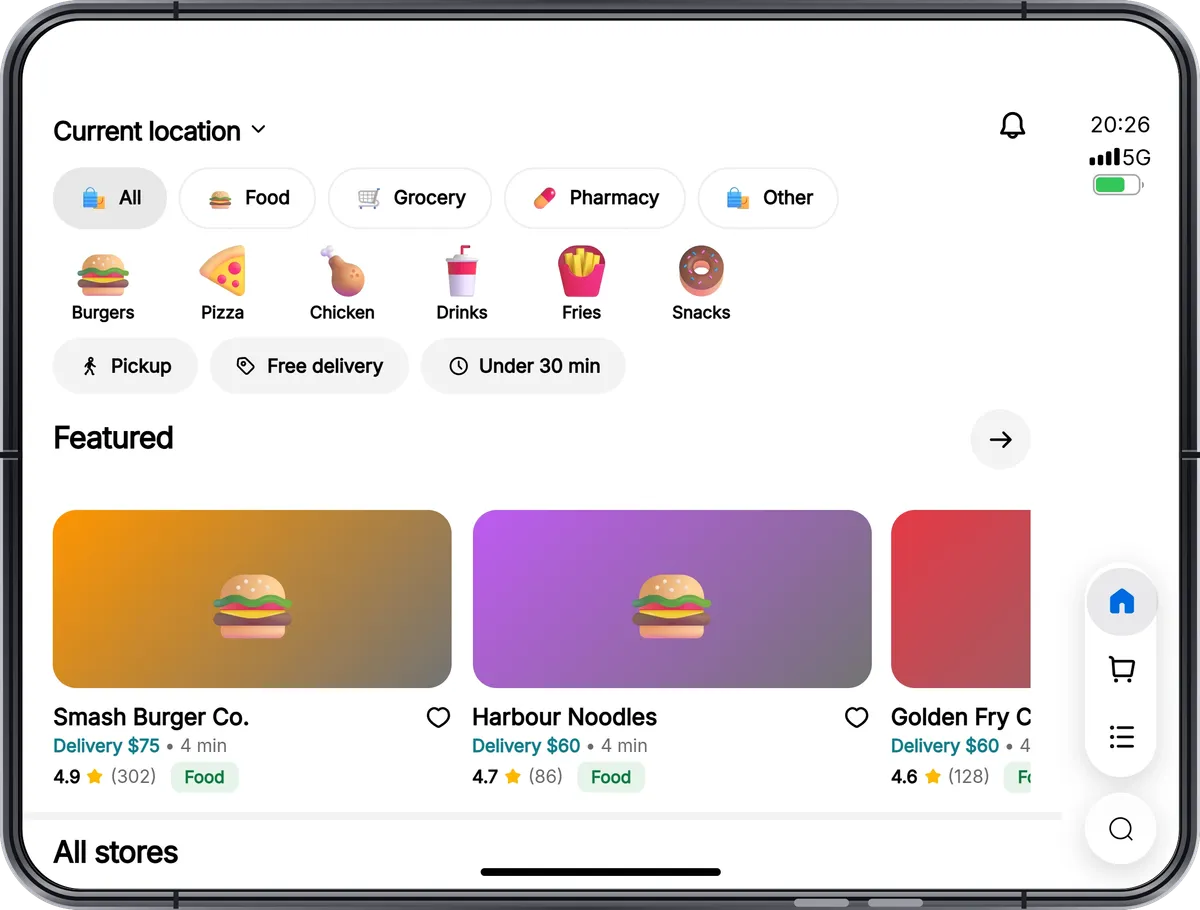Eats on the open Fold with categories and featured shops