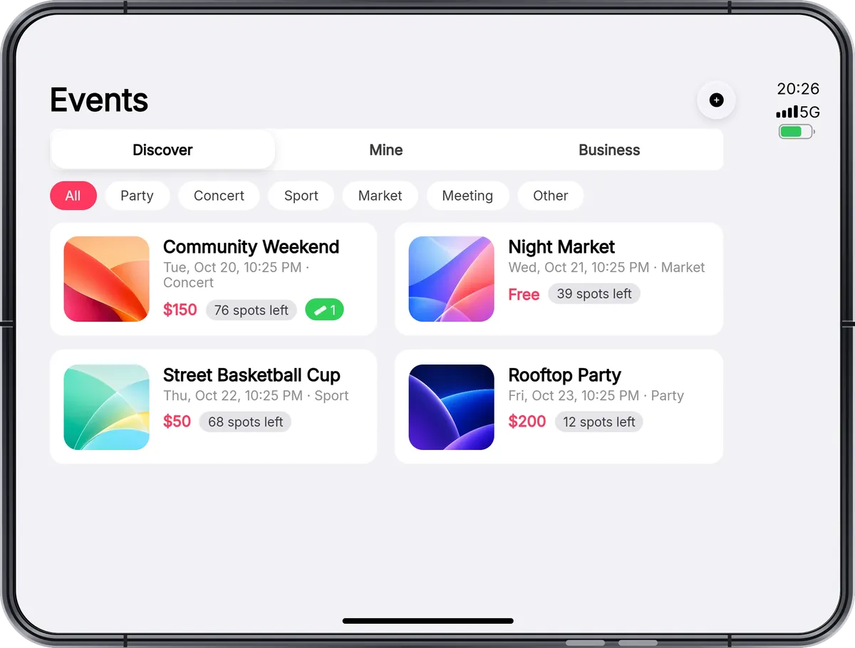 Events on the open Fold with upcoming events and their tickets