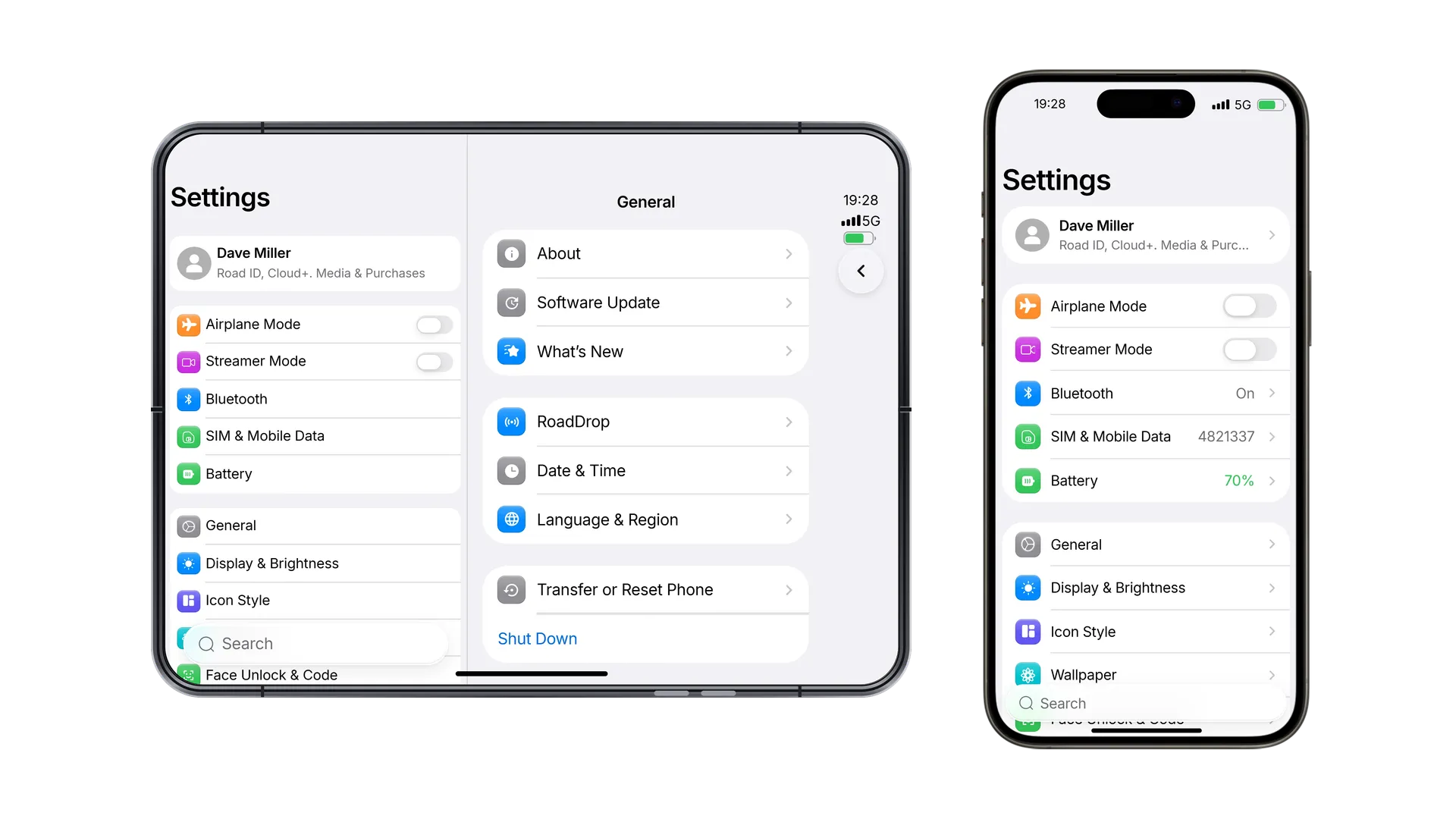 Settings in two columns on the open RoadPhone Fold, next to Settings on the phone