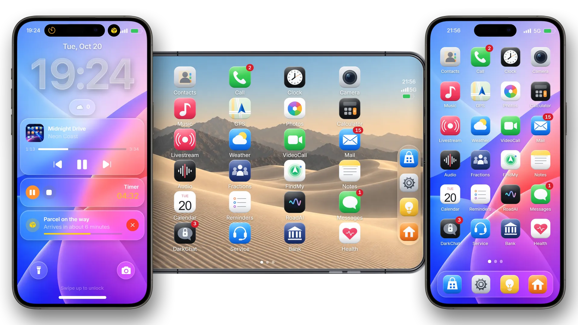 The open RoadPhone Fold on the Home Screen between two RoadPhones: the Lock Screen with Now Playing, a timer and a delivery, and the Home Screen