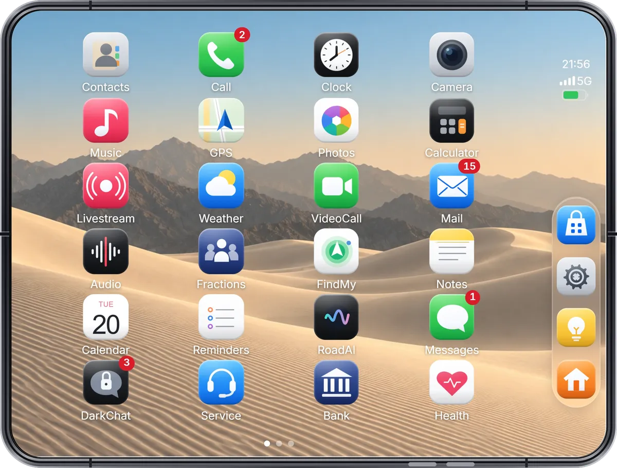 The open RoadPhone Fold on the Home Screen with the Essentials icons