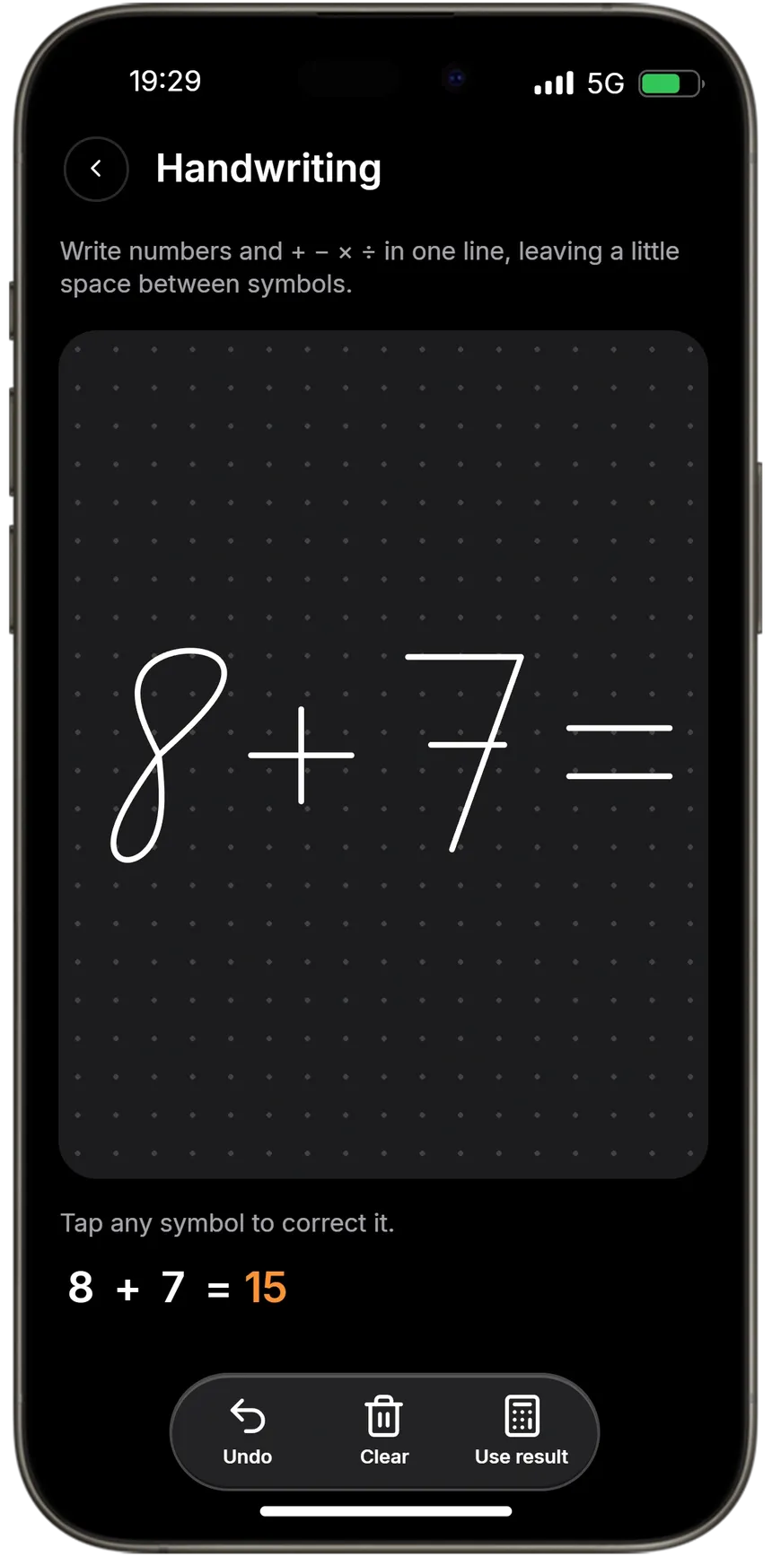 The calculator canvas with 8 + 7 written by hand and the answer 15
