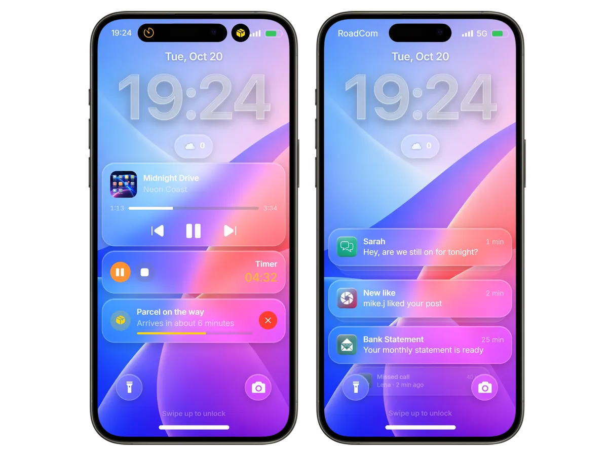 Two Lock Screens: Now Playing with a running timer and a parcel on the way, and stacked notifications