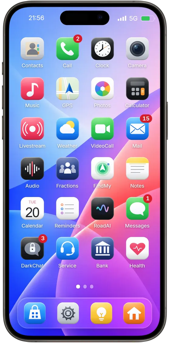 The Home Screen with the Essentials icons