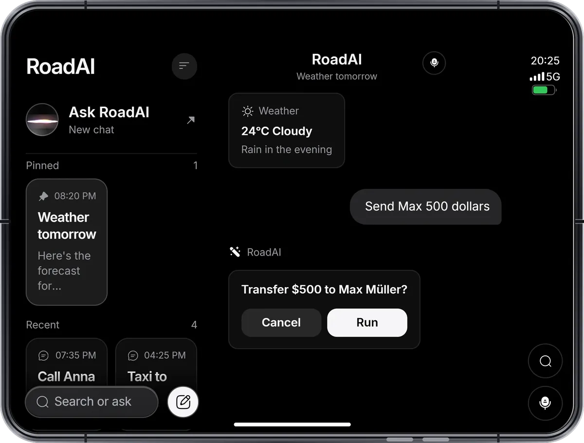 A RoadAI chat on the open Fold with the weather and a money transfer waiting for confirmation