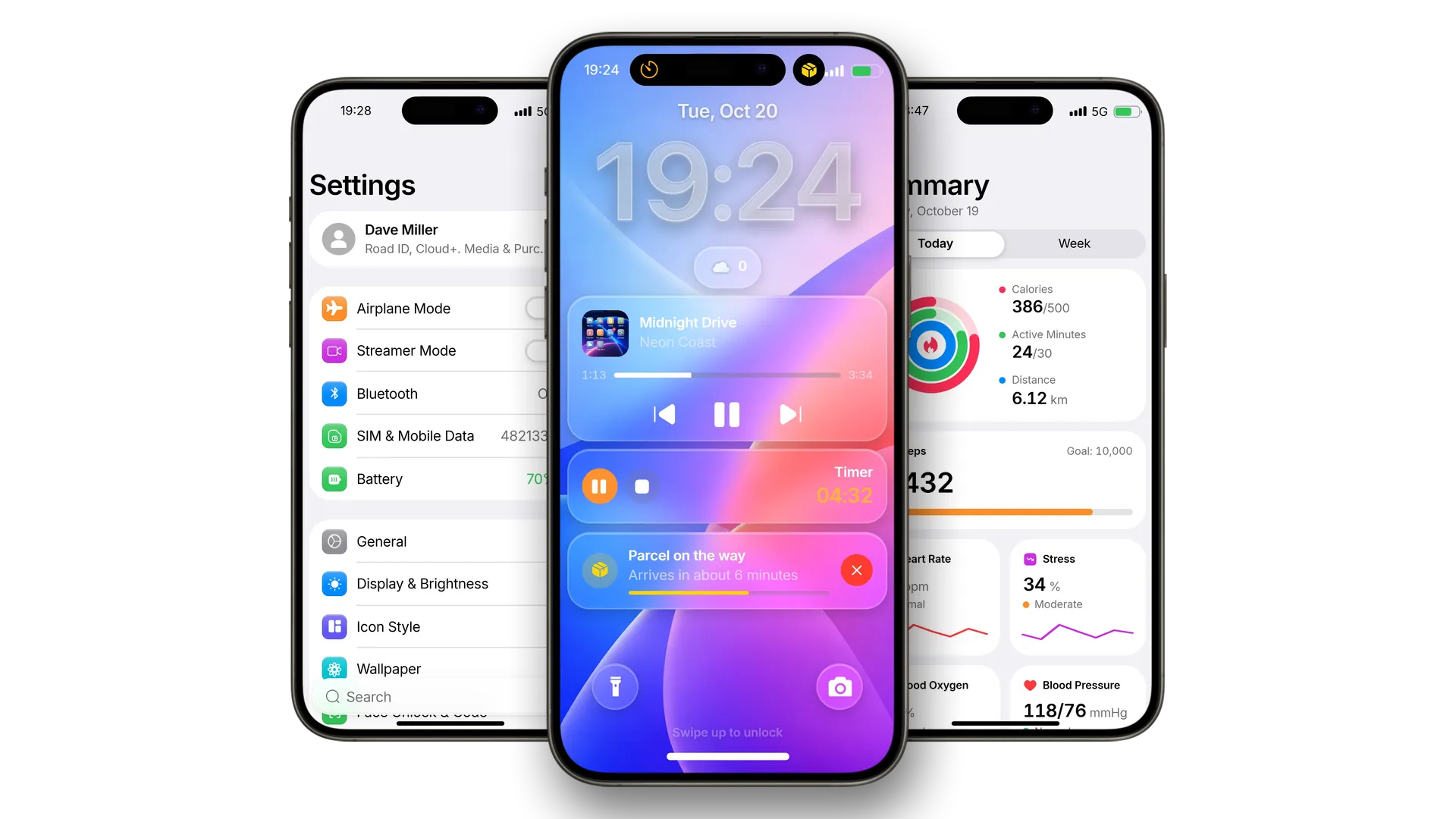 Three RoadPhones: Settings, the Lock Screen with Now Playing and live cards, and Health