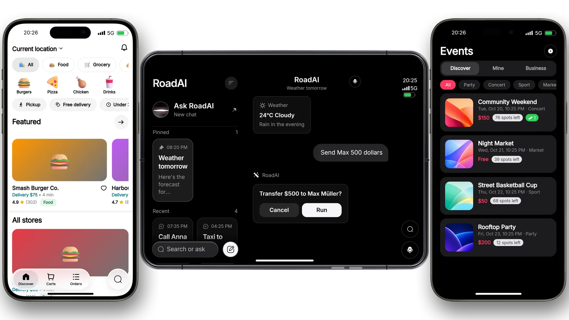 RoadAI on the open RoadPhone Fold between Eats and Events on two RoadPhones