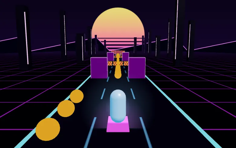 A runner on a neon highway with coins and barriers ahead, under a low sun