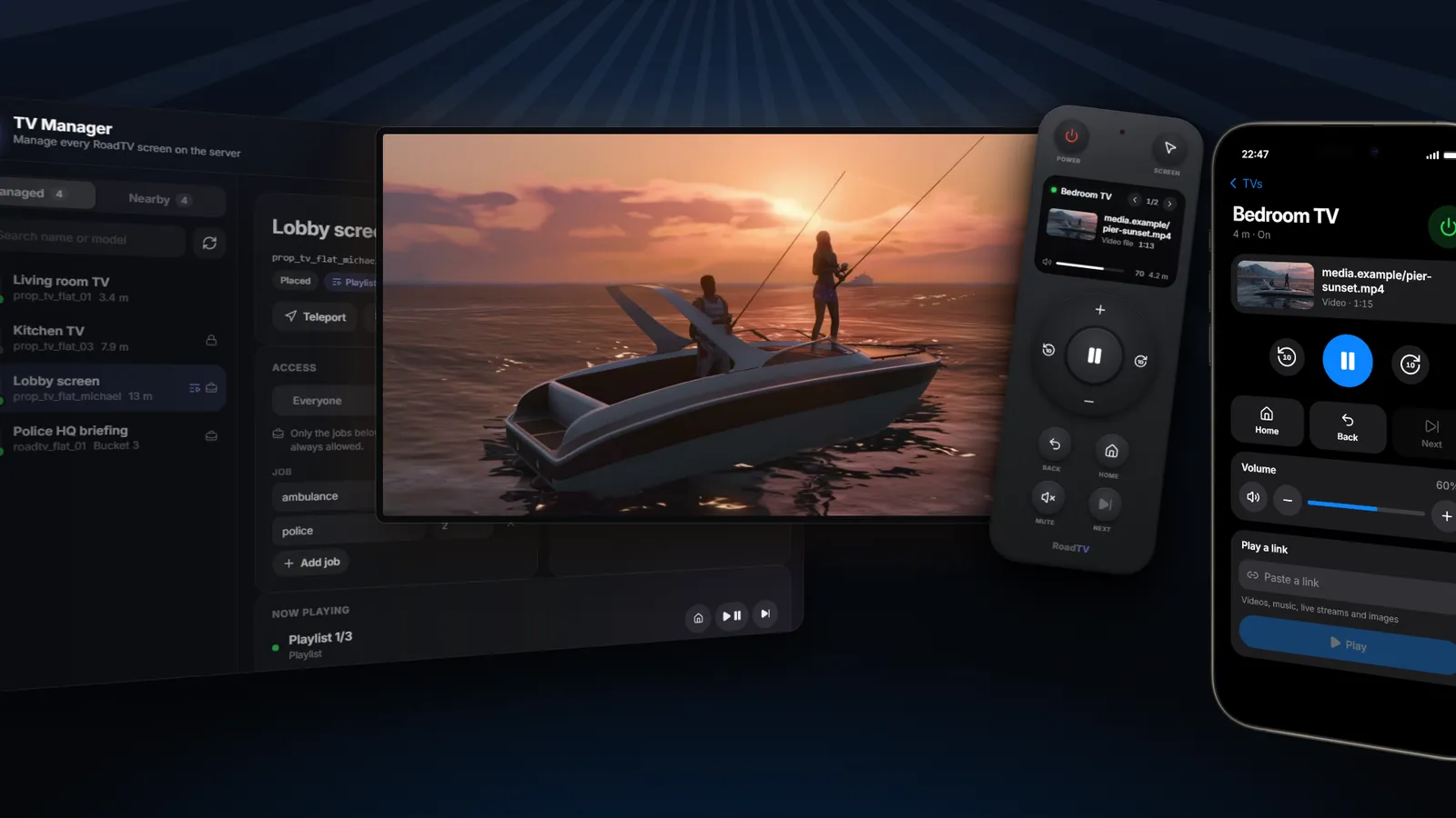 The TV Manager, a TV playing a video, the RoadTV remote and the RoadTV app on a phone