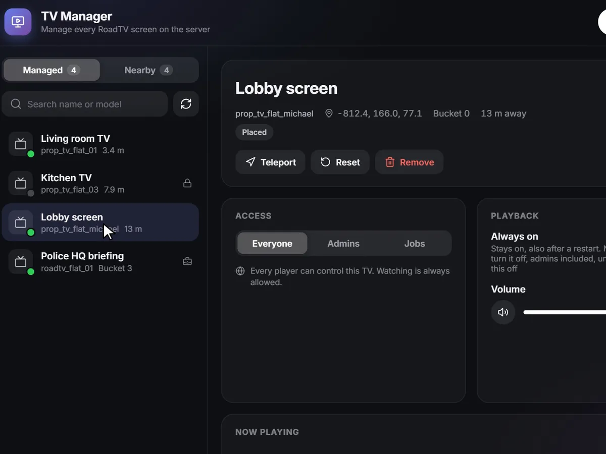 The TV Manager with its list of TVs and the details of the selected lobby screen