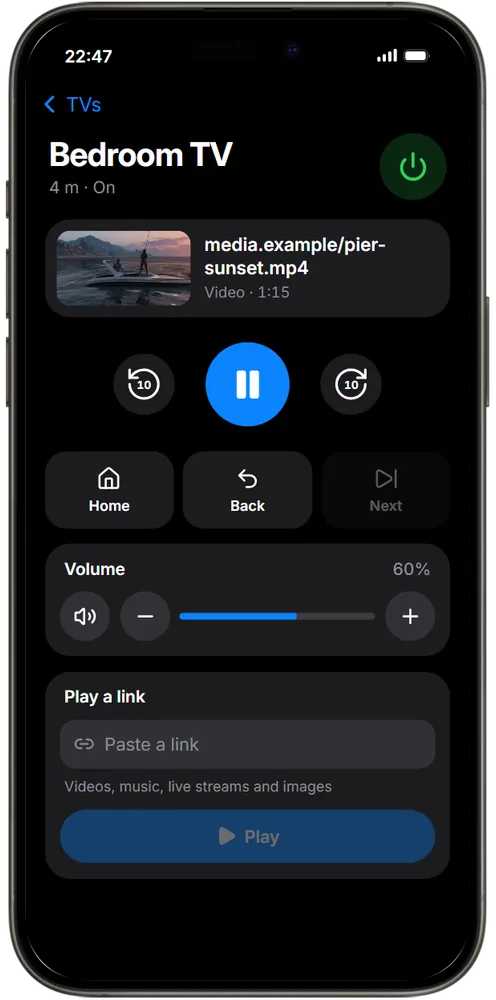 The RoadTV app on a phone: the bedroom TV with its video, playback controls, volume and a field to play a link