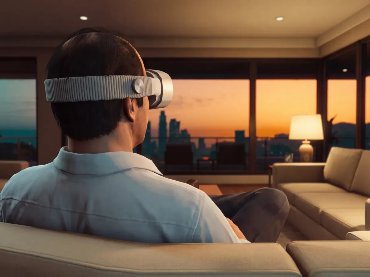 A player wearing the RoadVR headset in a lounge