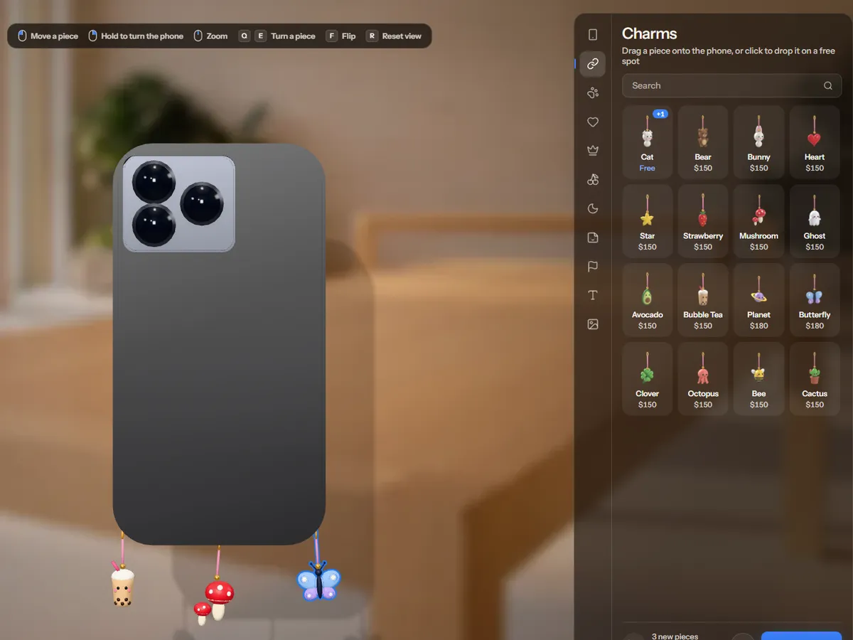 Bubble tea, mushroom and butterfly charms hanging from a black case, next to the charm catalog