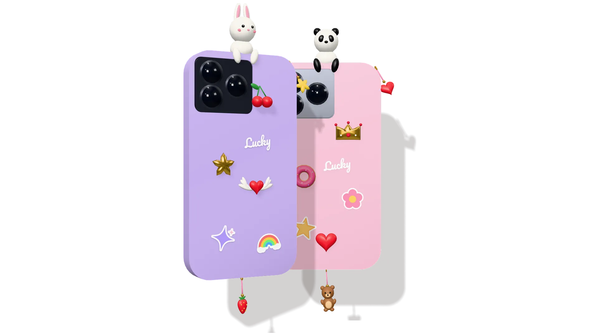 Two RoadPhones from the back in a lavender and a pink case, with a bunny and a panda hugger, charms, 3D pieces and stickers