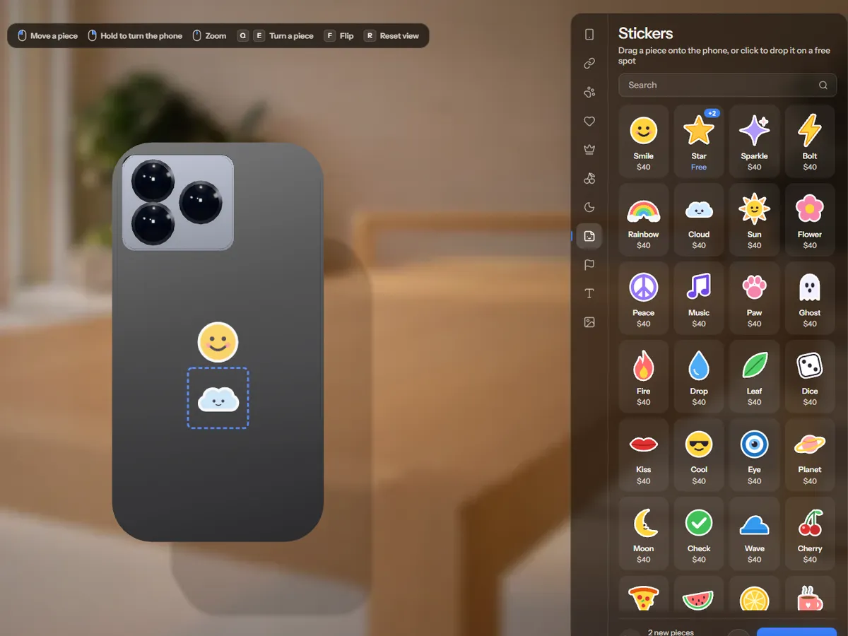 A smiley and a cloud sticker on a black case, next to the sticker catalog