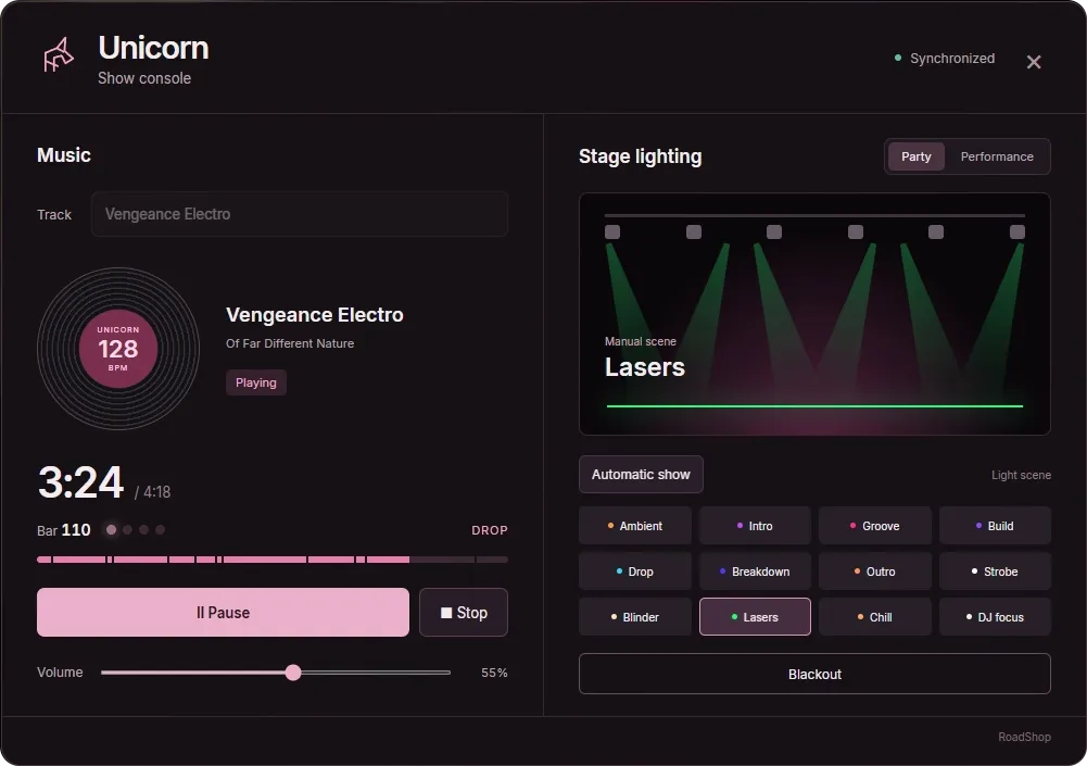 The DJ show console with the track, the light scenes and the stage lighting preview